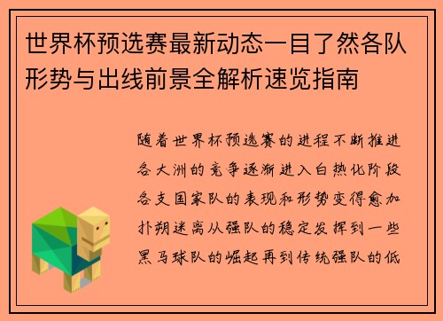 世界杯预选赛最新动态一目了然各队形势与出线前景全解析速览指南